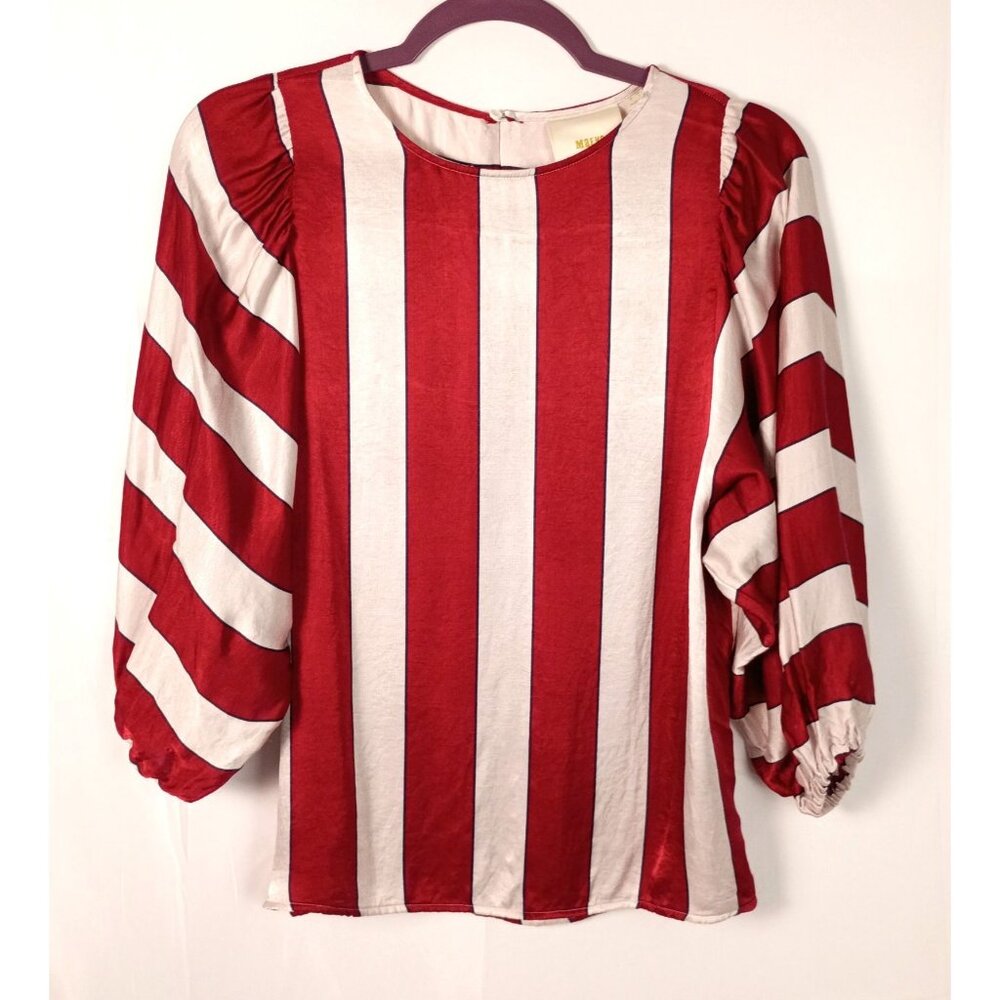 Maeve Red and White Vertical Stripe Balloon-Sleeve Top EUC